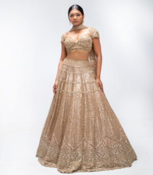 Gold Mirage Pure Silk Sequins Embellished Scalloped Lehenga Set
