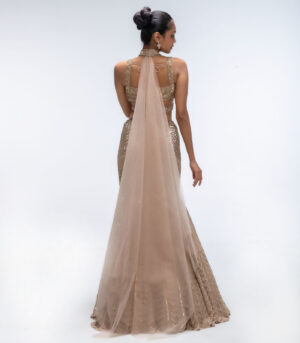 Gold Mirage Pure Silk Organza Embellished Fish-Cut Lehenga Set