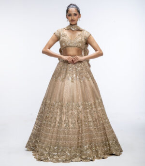 Gold Mirage Pure Silk Sequins Embellished Scalloped Lehenga Set