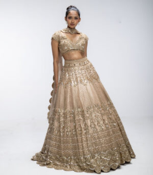 Gold Mirage Pure Silk Sequins Embellished Scalloped Lehenga Set