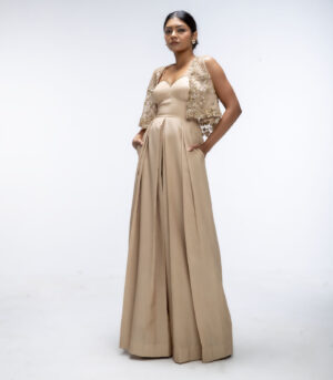 Champagne Gold Viscose Crepe Jumpsuit With Cape