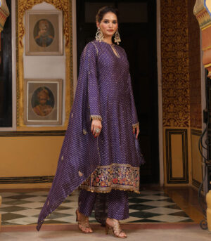 Ahista Purple Printed Mayur Applique Long Kurta Set