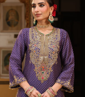 Ahista Purple Printed Pakhi Yoke Heavy Straight Kurta Set