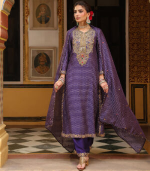 Ahista Purple Printed Pakhi Yoke Heavy Straight Kurta Set