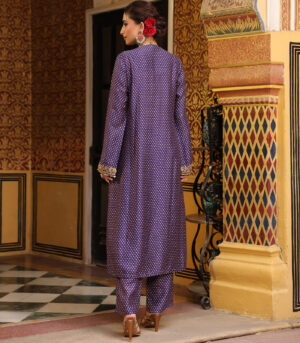 Ahista Purple Printed Pakhi Yoke Straight Kurta Set