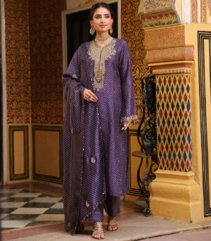 Ahista Purple Printed Pakhi Yoke Straight Kurta Set