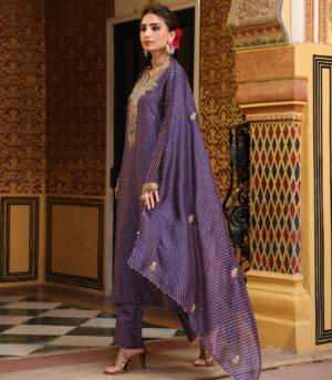 Ahista Purple Printed Pakhi Yoke Heavy Straight Kurta Set