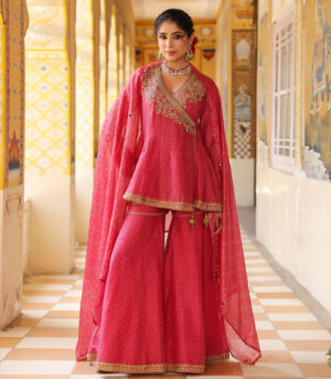Ahista Pink Printed Angrakha Sharara Set