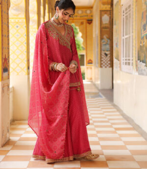 Ahista Pink Printed Angrakha Sharara Set