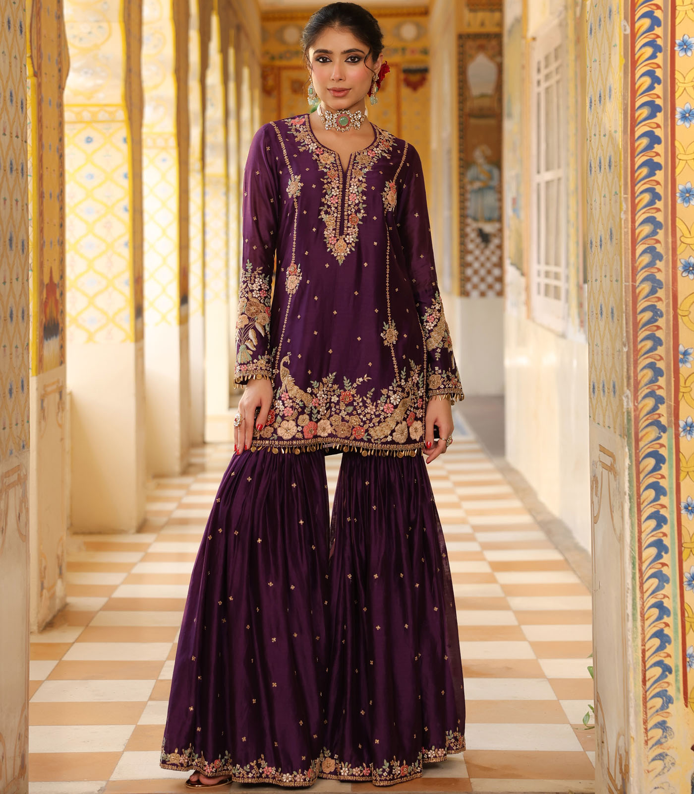 Ahista Purple Mayur Applique Heavy Sharara Set