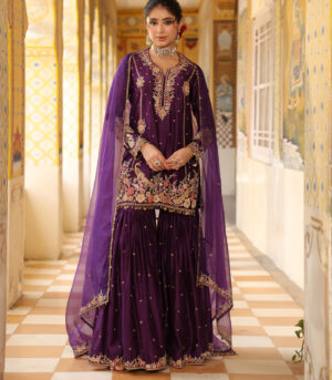 Ahista Purple Mayur Applique Heavy Sharara Set