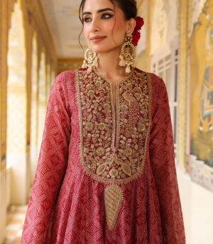 Ahista Maroon Printed Kalidar Set