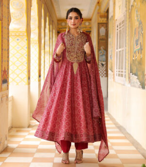 Ahista Maroon Printed Kalidar Set