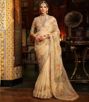 Ahista Ivory Mayur Applique Saree Set