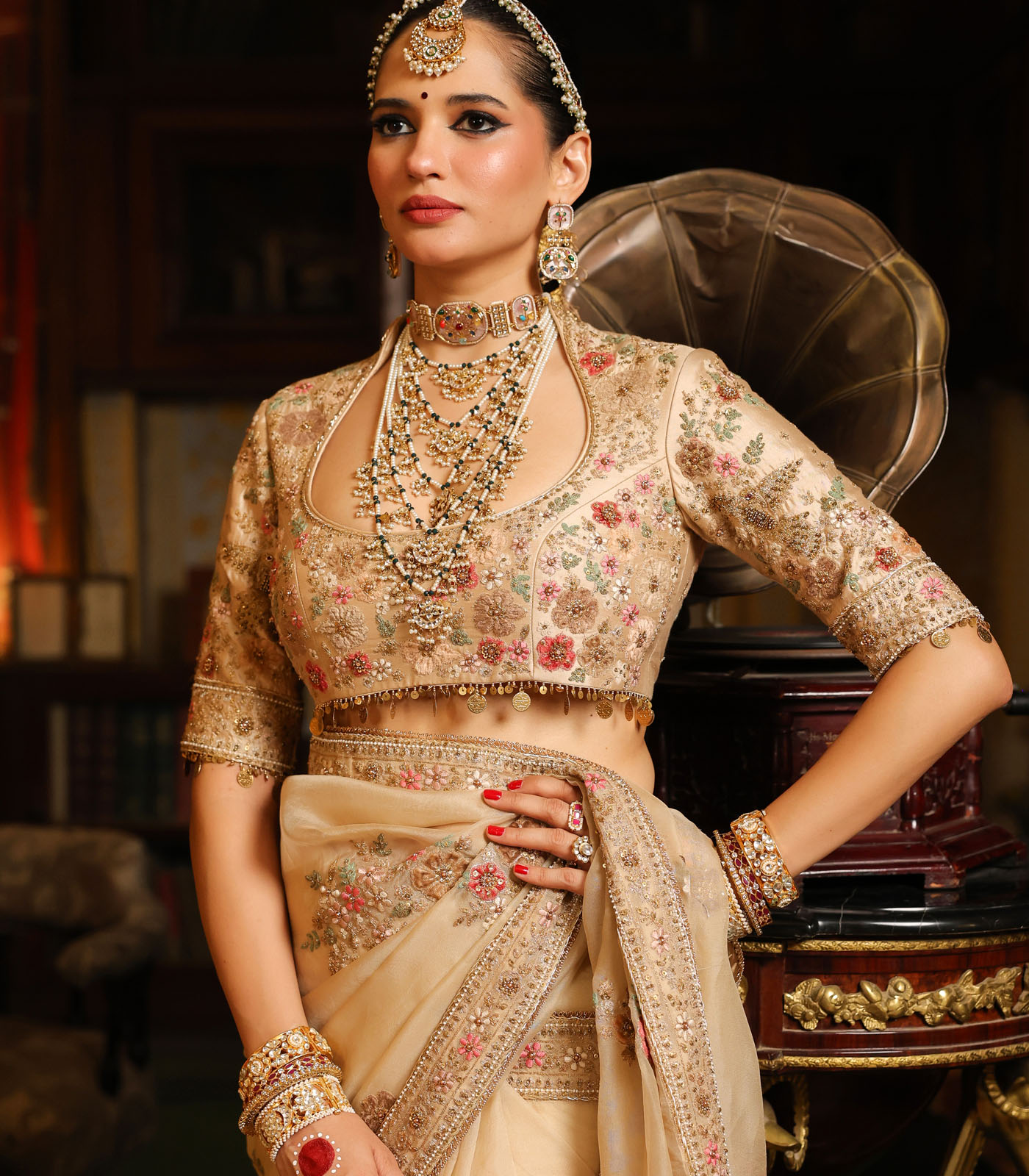 Ahista Ivory Mayur Applique Saree Set - Image 4