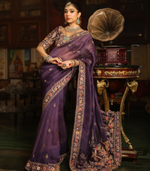 Ahista Purple Mayur Applique Border Saree Set