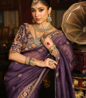Ahista Purple Mayur Applique Border Saree Set