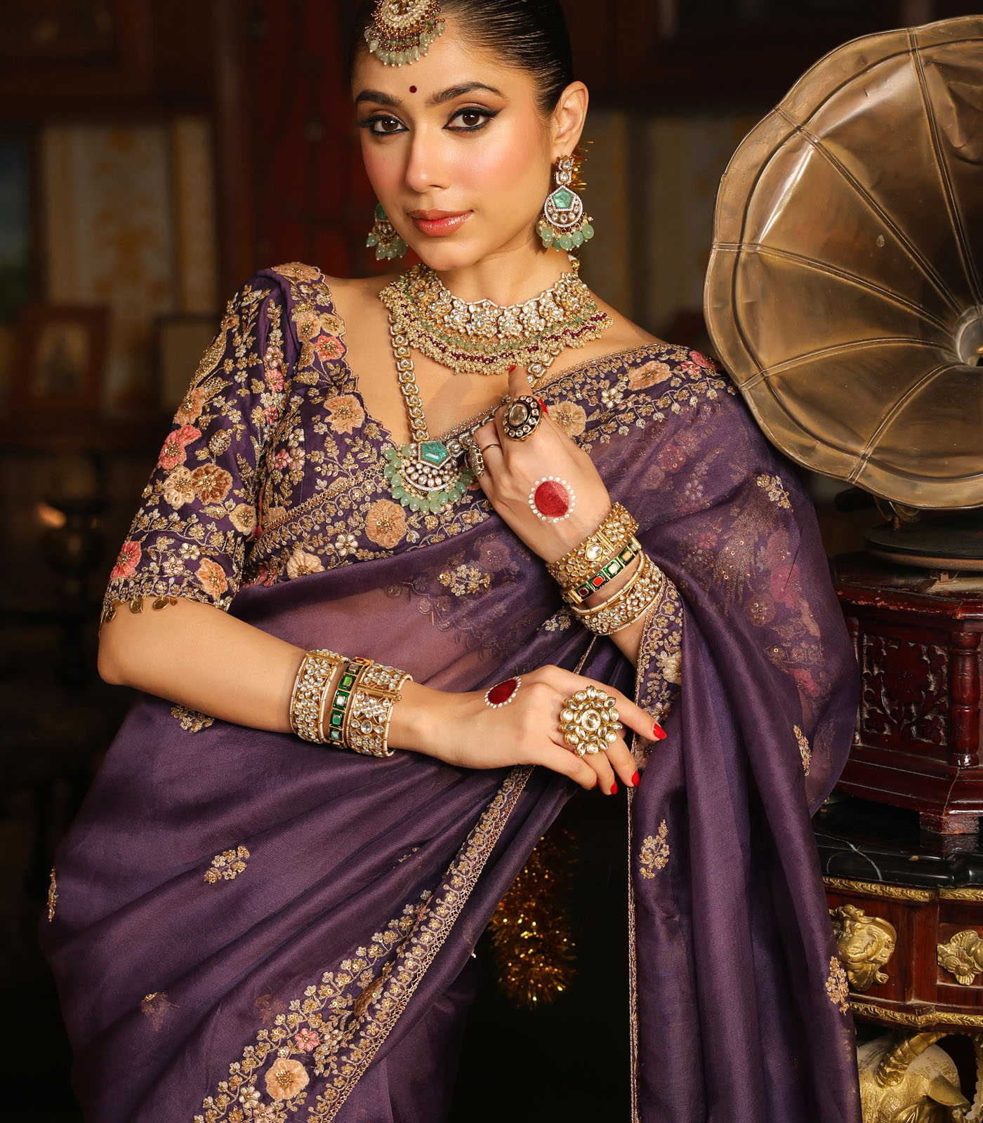 Ahista Purple Mayur Applique Border Saree Set - Image 3