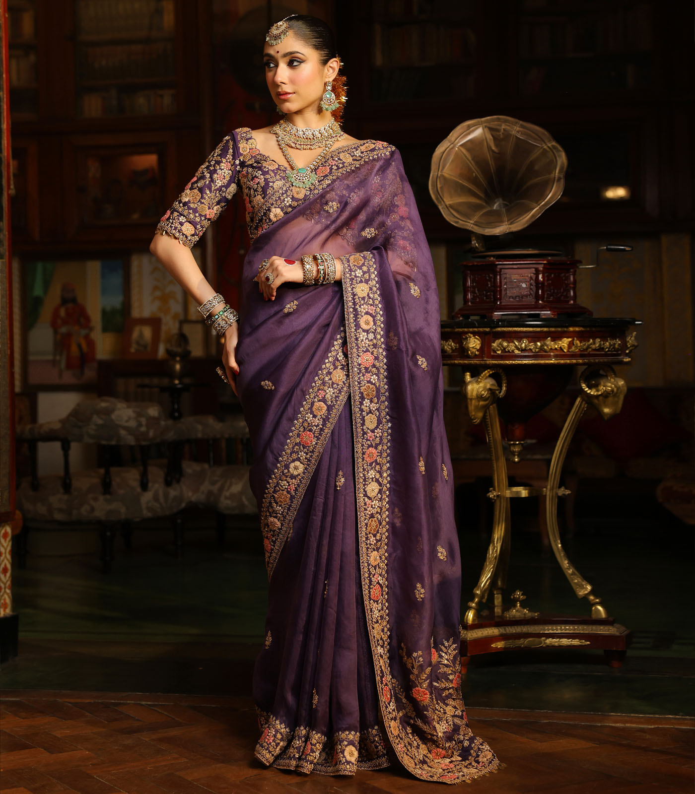 Ahista Purple Mayur Applique Border Saree Set - Image 4
