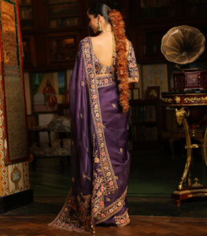 Ahista Purple Mayur Applique Border Saree Set