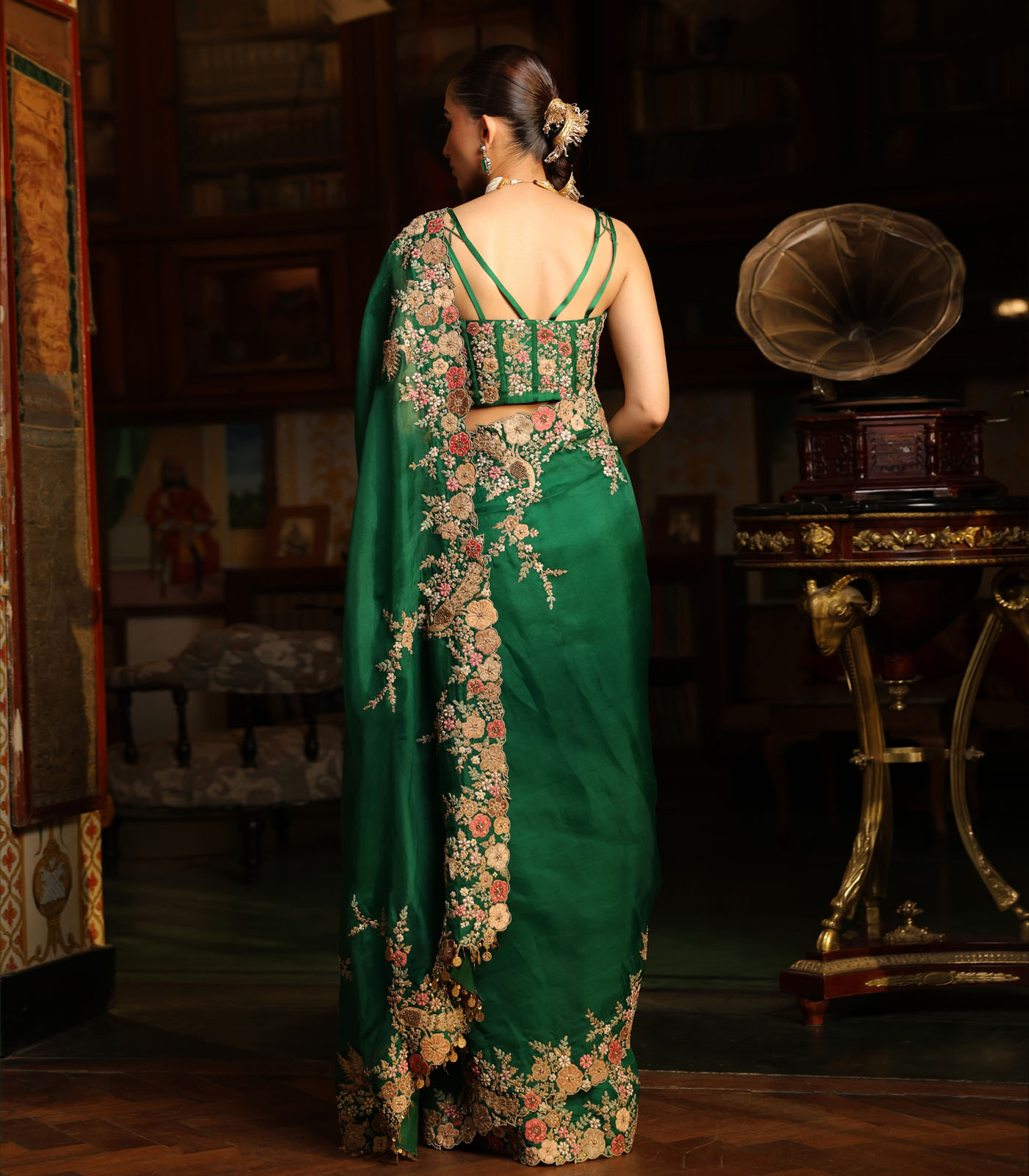 Ahista Green Mayur Applique Cutwork Saree Set - Image 4
