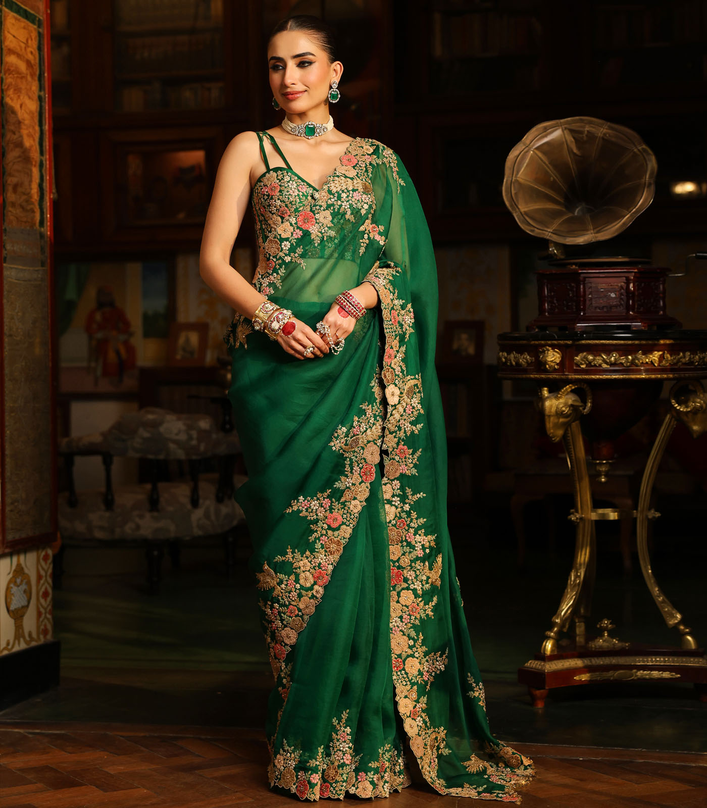 Ahista Green Mayur Applique Cutwork Saree Set