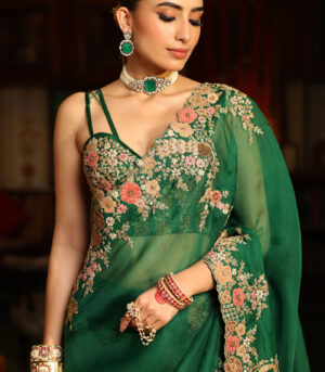 Ahista Green Mayur Applique Cutwork Saree Set