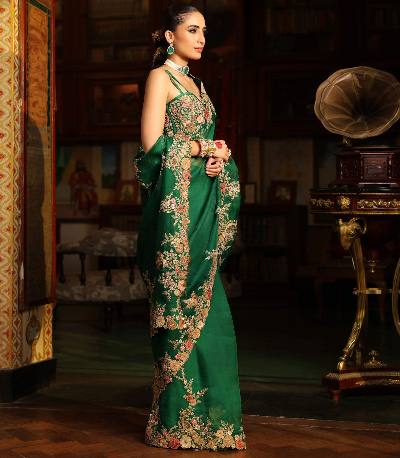 Ahista Green Mayur Applique Cutwork Saree Set - Image 3