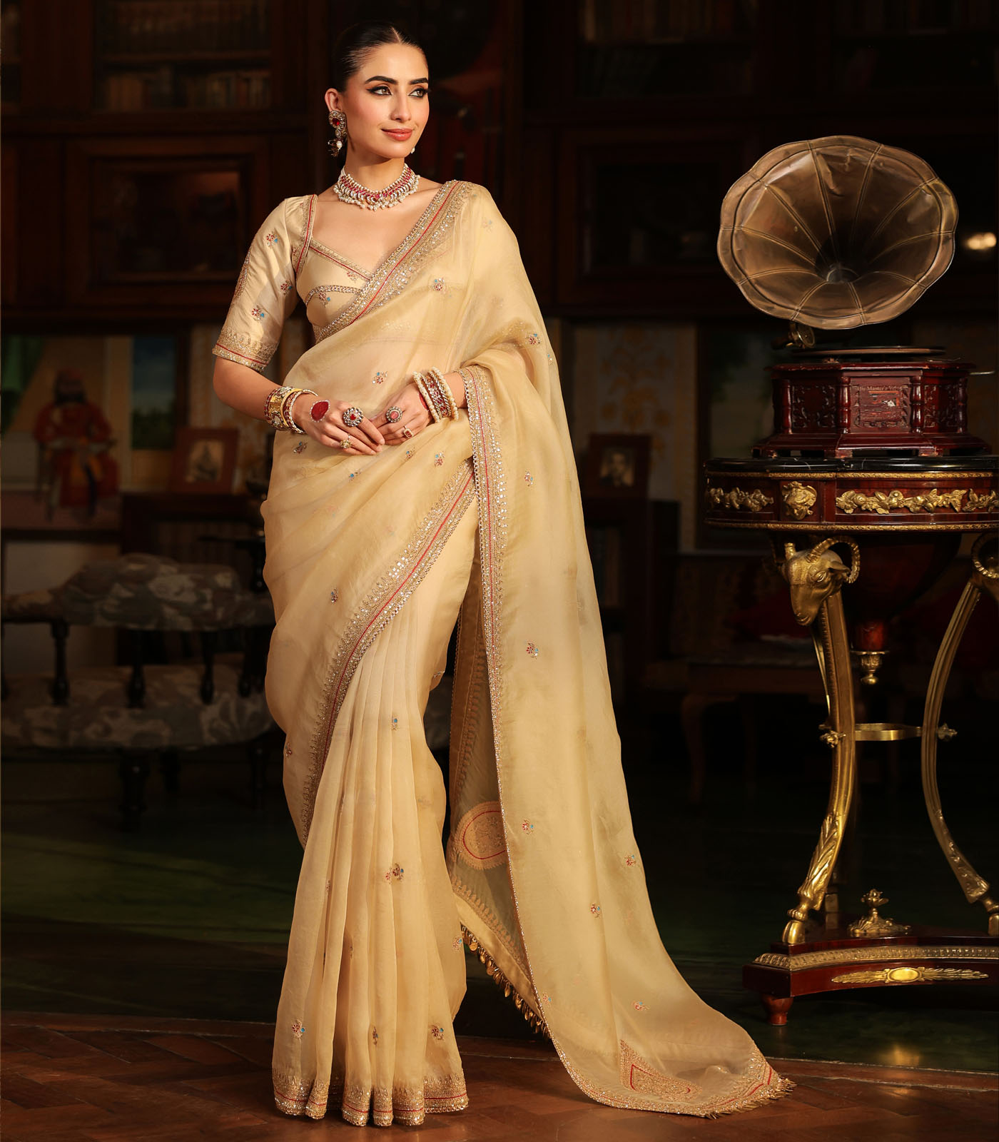 Ahista Ivory Patti Buta Saree Set