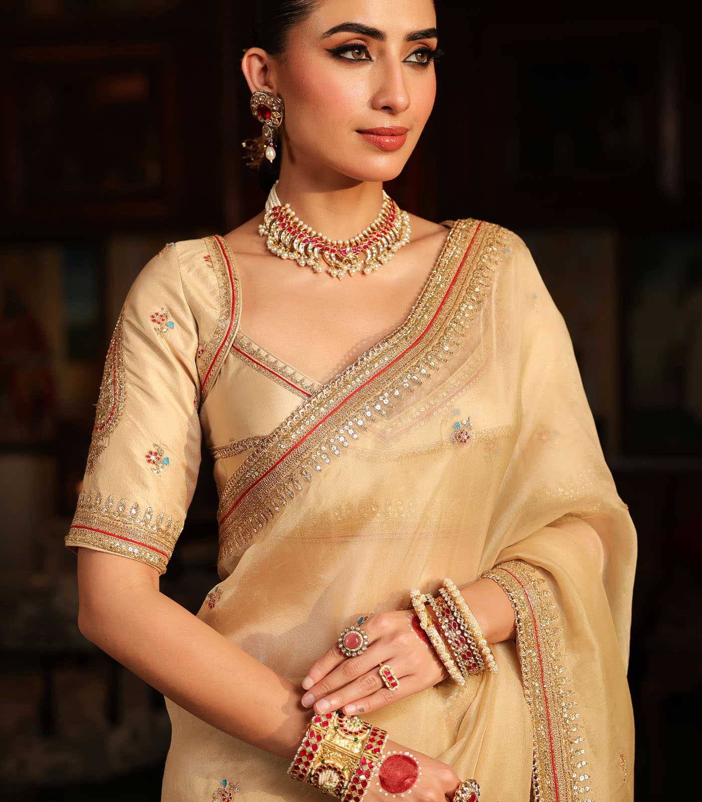 Ahista Ivory Patti Buta Saree Set - Image 3