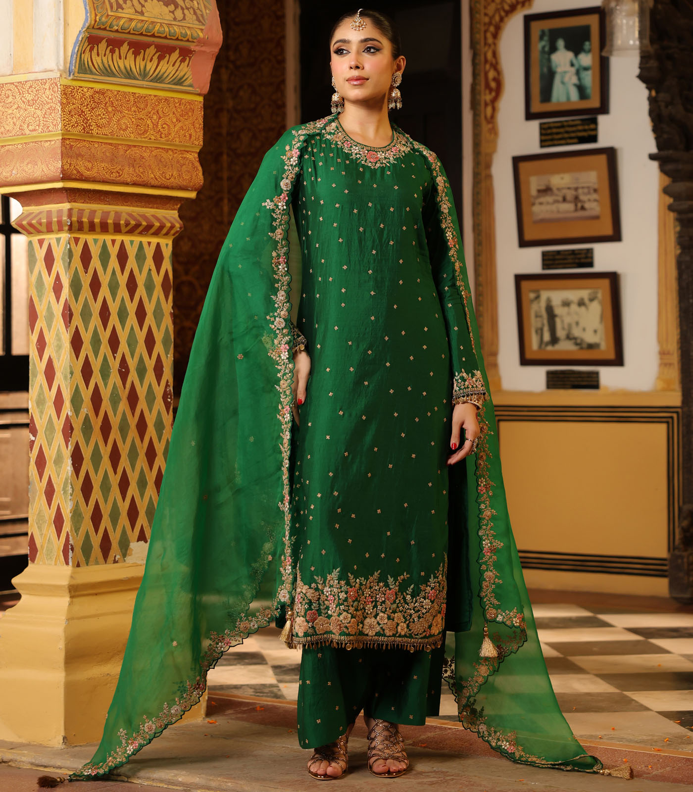 Ahista Green Mayur Applique Long Kurta With Heavy Dupatta