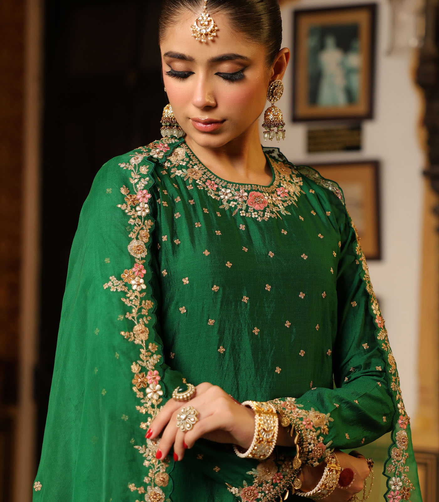 Ahista Green Mayur Applique Long Kurta With Heavy Dupatta - Image 2