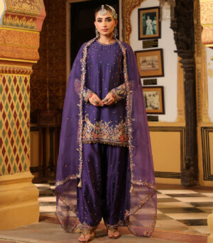 Ahista Purple Mayur Applique Short Kurta With Heavy Dupatta