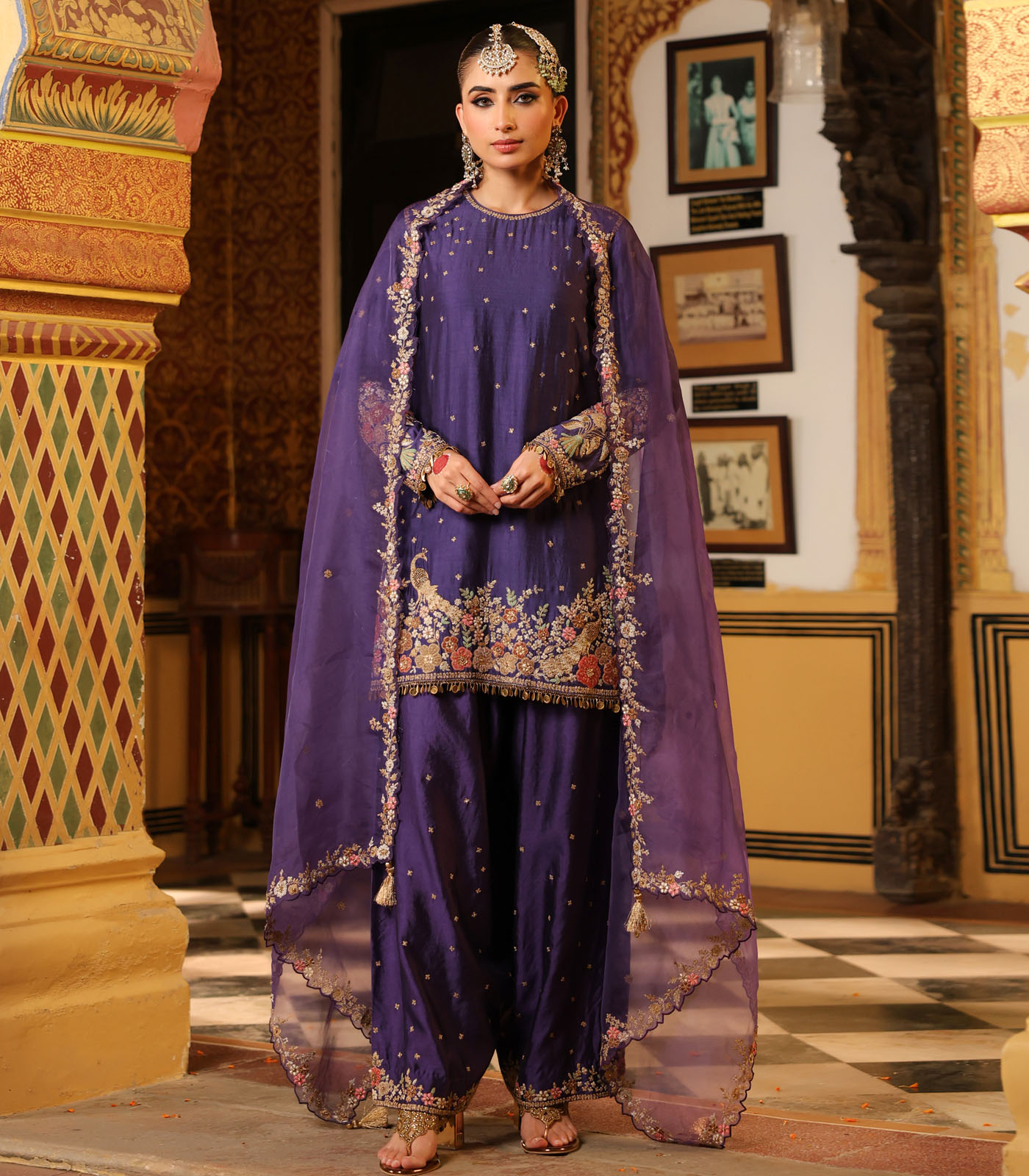 Ahista Purple Mayur Applique Short Kurta With Heavy Dupatta