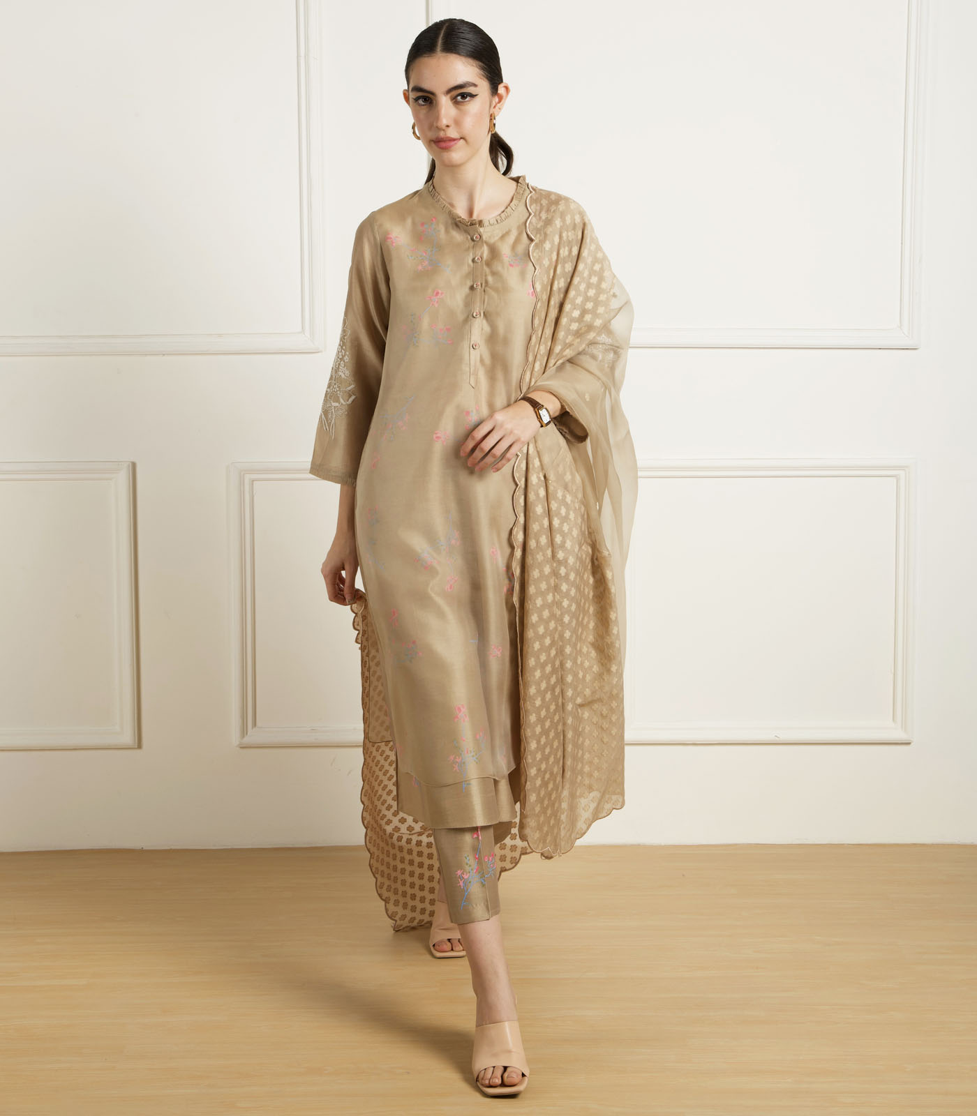BEIGE DOULBE LAYER TUNIC IN SILK CHANDERI