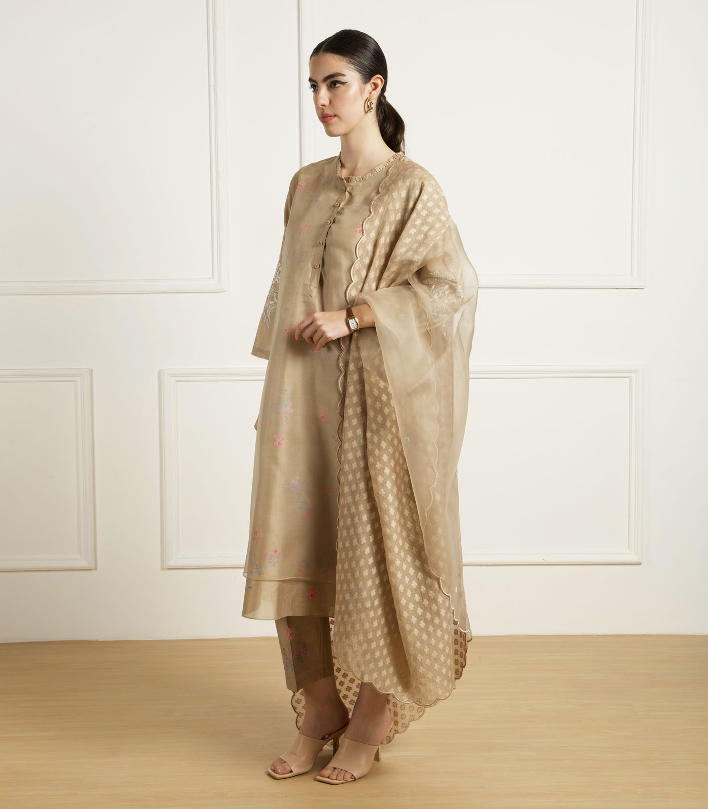 BEIGE DOULBE LAYER TUNIC IN SILK CHANDERI - Image 2