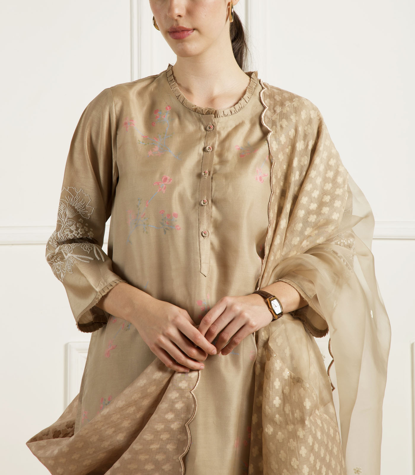 BEIGE DOULBE LAYER TUNIC IN SILK CHANDERI - Image 4