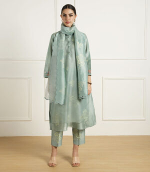 MINT DOUBLE LAYER TUNIC AND PANTS IN SILK CHANDERI