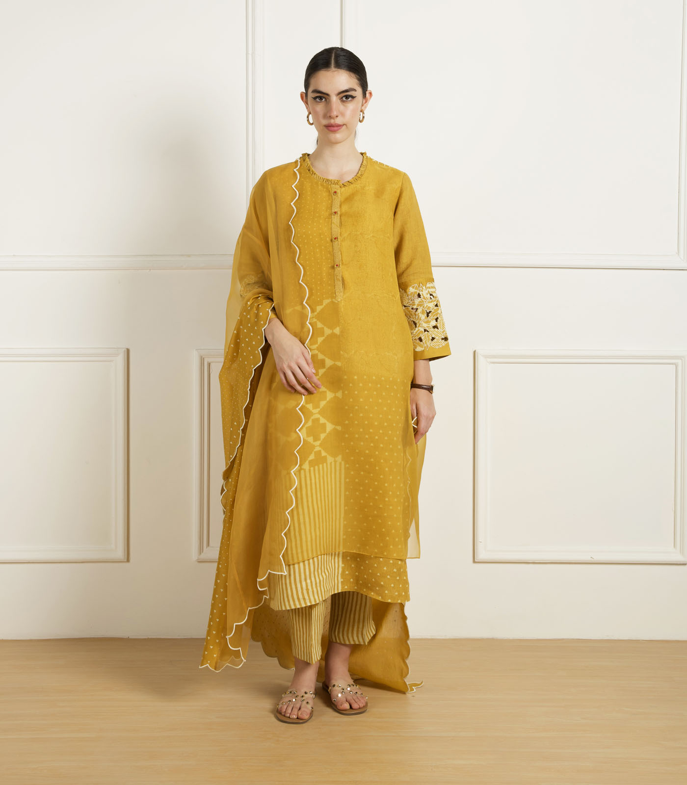 OCHRE DISCHARGE PRINT DOUBLE LAYER TUNIC