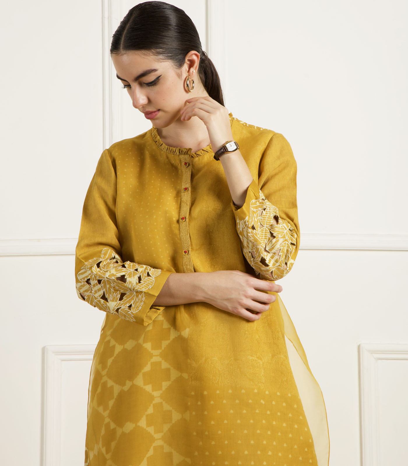 OCHRE DISCHARGE PRINT DOUBLE LAYER TUNIC - Image 2