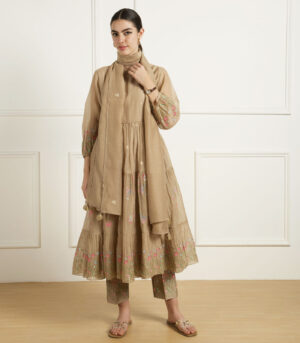 BEIGE GATHERED TUNIC IN MUL CHANDERI