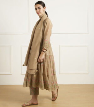 BEIGE GATHERED TUNIC IN MUL CHANDERI