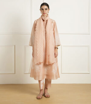 OLD ROSE DOUBLE LAYER TUNIC AND PANTS IN SILK CHANDERI