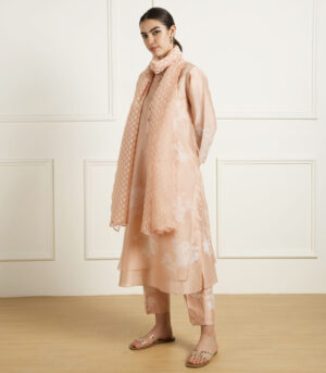 OLD ROSE DOUBLE LAYER TUNIC AND PANTS IN SILK CHANDERI