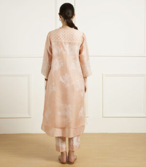 OLD ROSE DOUBLE LAYER TUNIC AND PANTS IN SILK CHANDERI