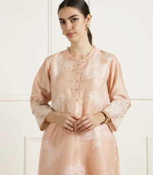OLD ROSE DOUBLE LAYER TUNIC AND PANTS IN SILK CHANDERI