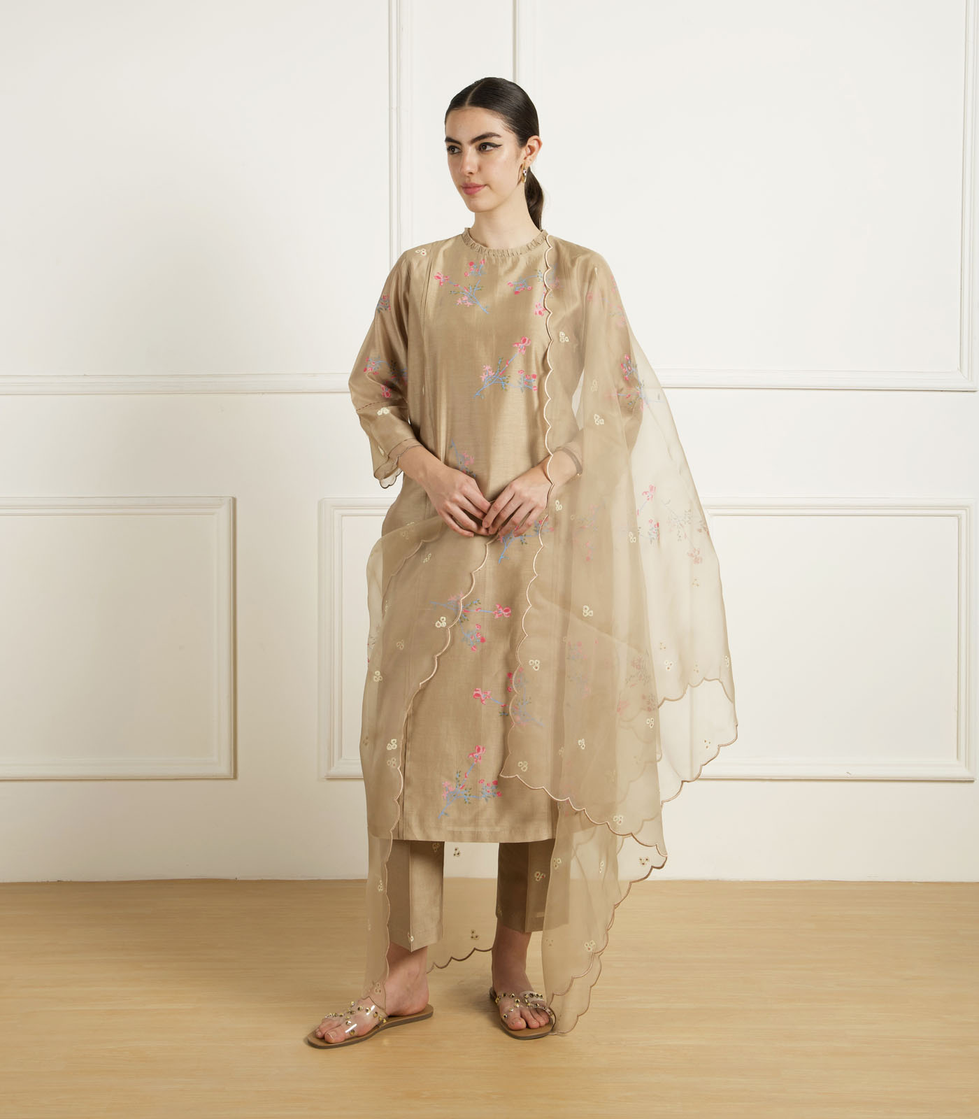 BEIGE FRONT PLEATS TUNIC IN SILK CHANDERI