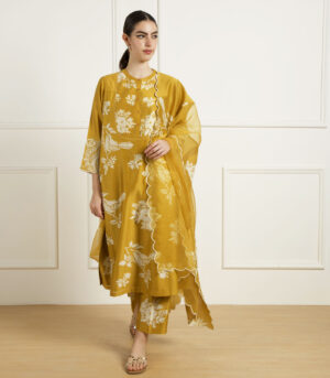 OCHRE DISCHARGE PRINT TUNIC IN SILK CHANDERI
