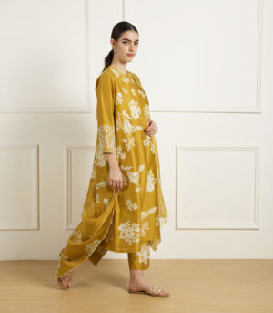 OCHRE DISCHARGE PRINT TUNIC IN SILK CHANDERI