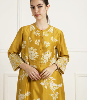 OCHRE DISCHARGE PRINT TUNIC IN SILK CHANDERI
